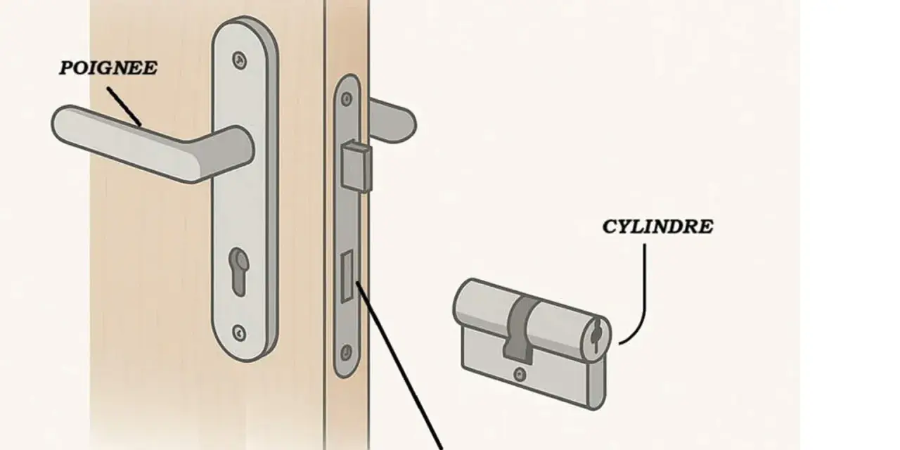 Détail d'une serrure : poignée, cylindre et le mécanisme de la serrure sur une porte.