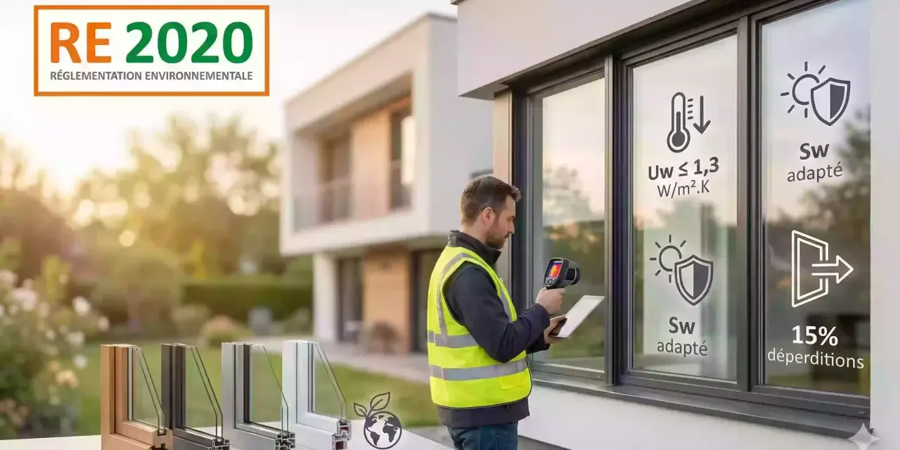 Un technicien vérifie la performance d'une fenêtre conforme à la réglementation environnementale RE 2020.