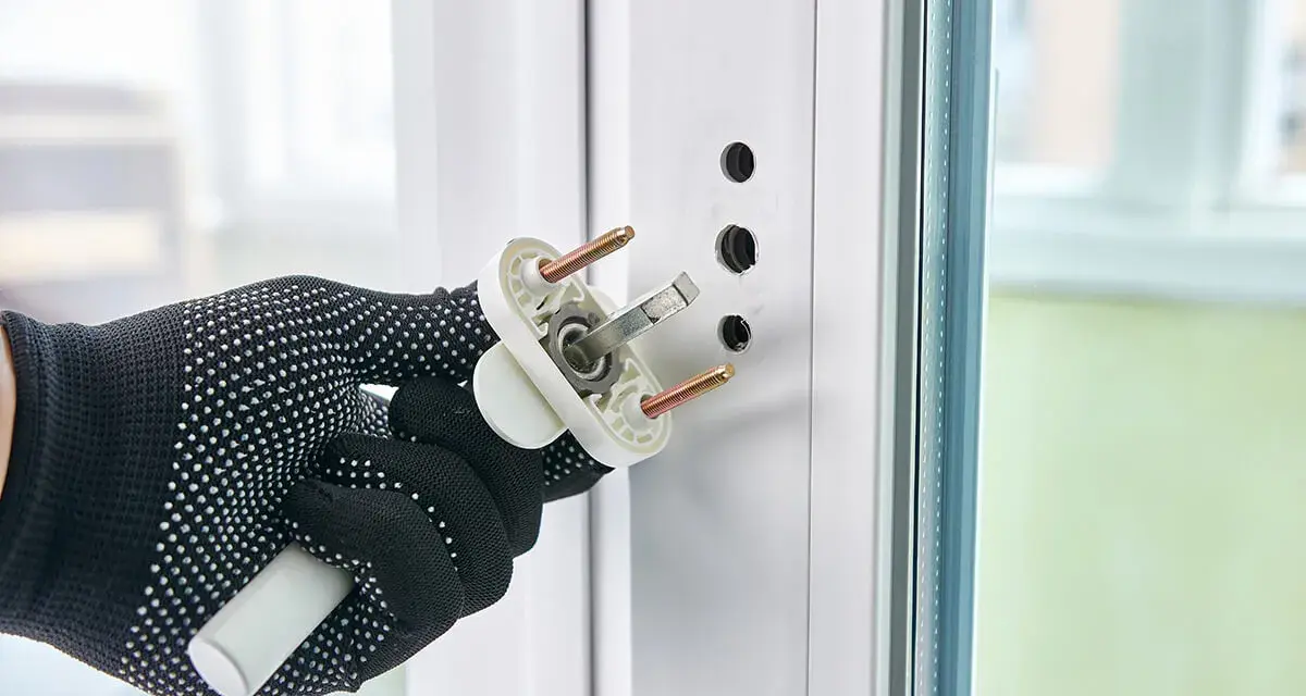 Main tenant en main une nouvelle poignée pour changer poignee fenetre. Le mécanisme est prêt à être installé.