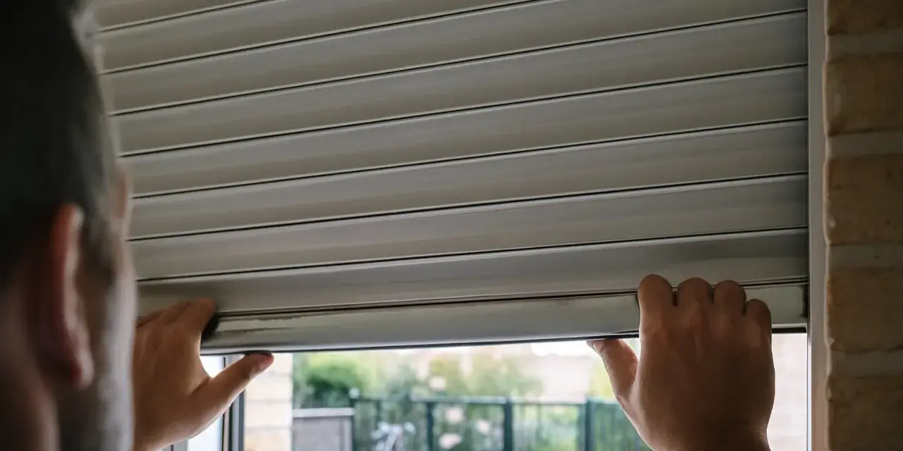 Un homme essaie de remonter son volet roulant qui ne fonctionne plus après coupure de courant. Il tient le bas du volet avec ses deux mains.