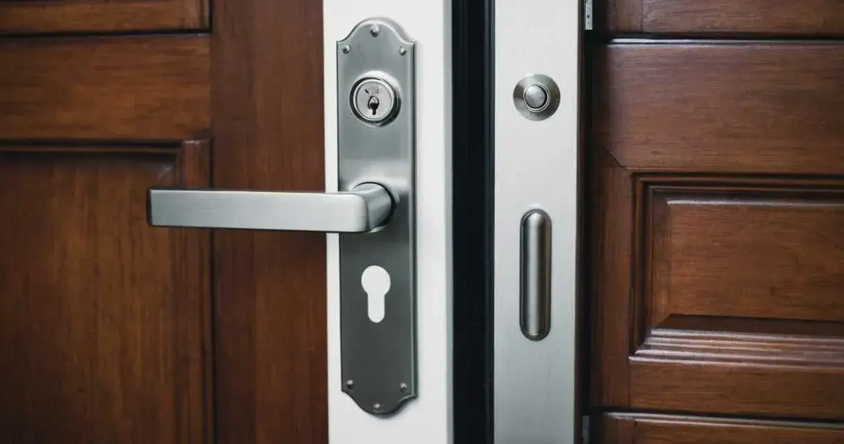 Poignée et serrure argentées sur une porte d'entrée en bois sombre.