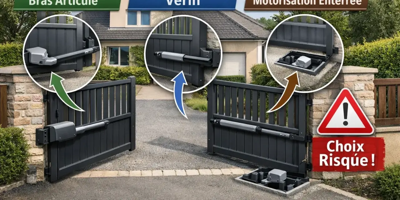 Trois types de motorisation de portail : bras articulé, vérin, et motorisation enterrée. Le choix de la motorisation portail en applique est crucial pour la sécurité.