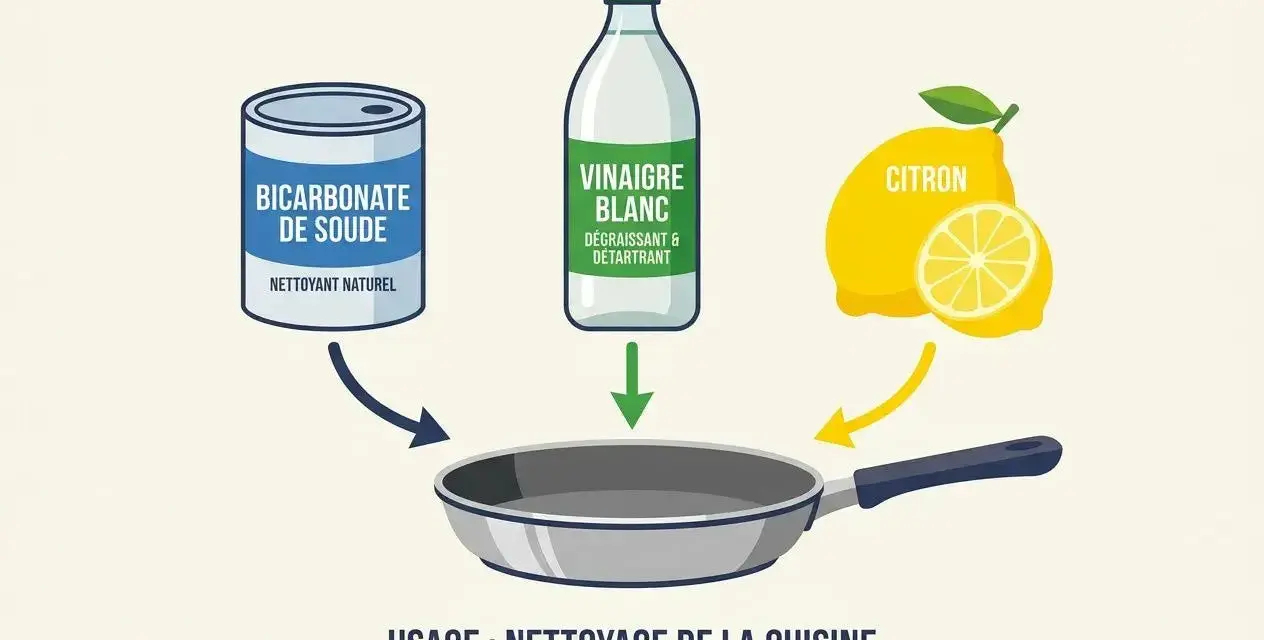 Nettoyer inox avec bicarbonate de soude, vinaigre blanc et citron pour un nettoyage de cuisine efficace.