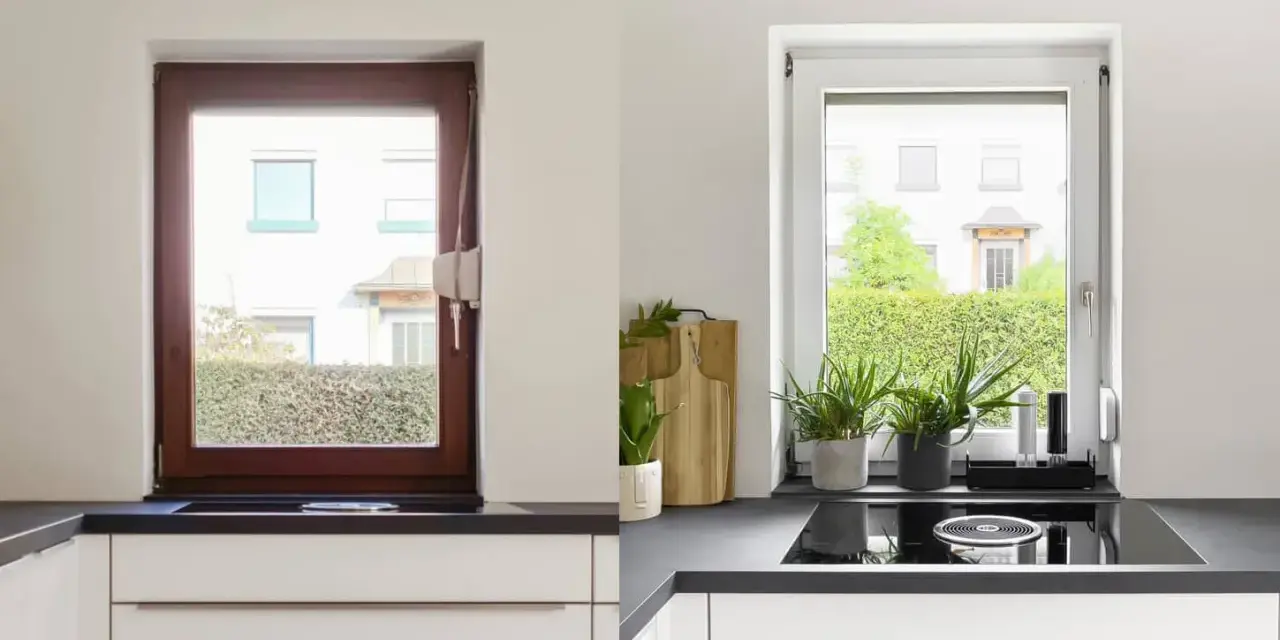 Avant/après : une fenêtre en bois marron est transformée en une fenêtre blanche lumineuse, apportant plus de clarté à la cuisine.