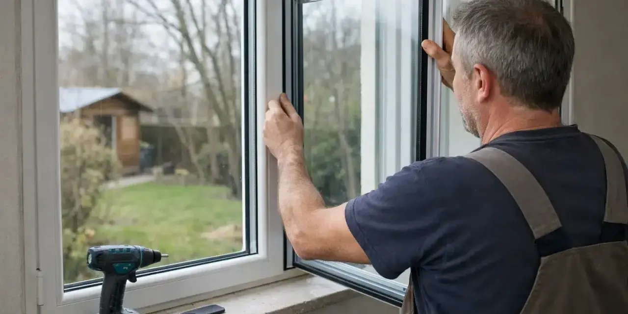 Un ouvrier installe une nouvelle fenêtre, remplaçant un ancien vitrage simple. Un jardin et un cabanon sont visibles à travers la vitre.