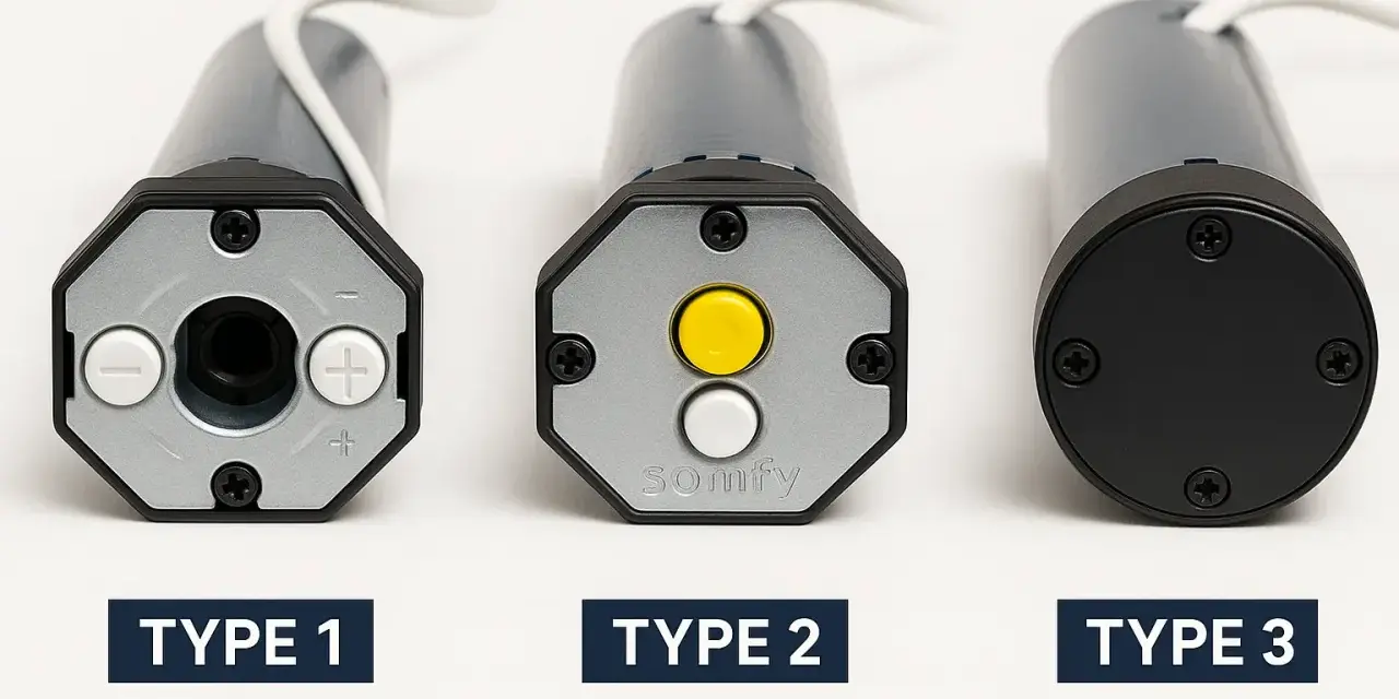 Trois moteurs tubulaires pour volet roulant électrique : Type 1 avec boutons +/- , Type 2 Somfy avec boutons jaune et blanc, Type 3 avec capot noir.