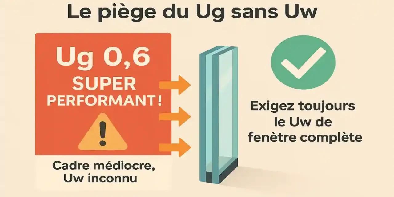 Le piège du Ug sans Uw : un Ug de 0,6 super performant peut cacher un cadre médiocre et un Uw inconnu. Exigez toujours le Uw de la fenêtre complète.
