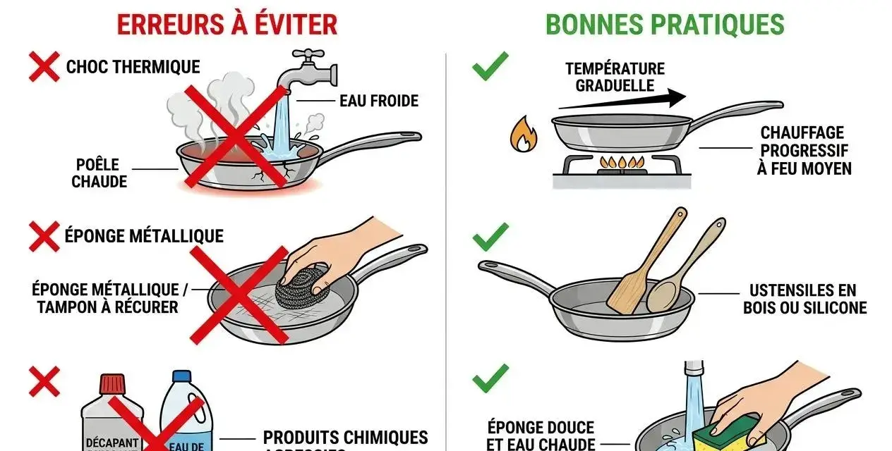 Guide pour nettoyer acier inoxydable noirci : éviter choc thermique, éponges métalliques et produits agressifs. Privilégier chauffage progressif et nettoyage doux.