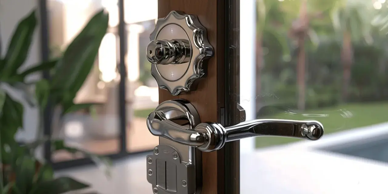 Poignée de porte en métal chromé, avec un bouton rotatif et un loquet, un type de serrure élégant pour une entrée moderne.