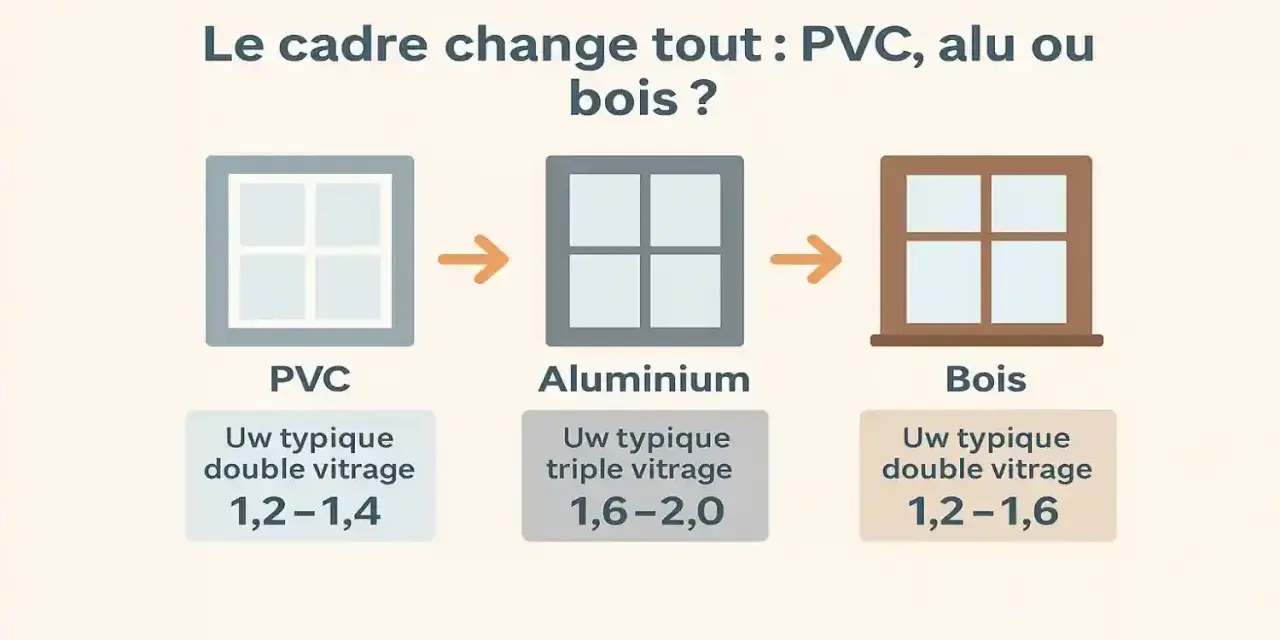 Comparaison des cadres de fenêtres : PVC, aluminium et bois. Le coefficient Uw varie selon le matériau et le vitrage, influençant l'isolation.