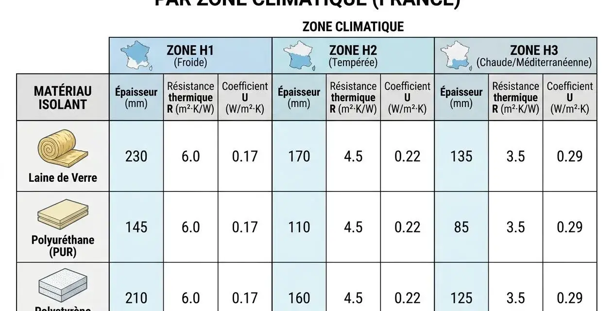 Tableau comparatif des épaisseurs d'isolants (laine de verre, polyuréthane, polystyrène expansé) par zone climatique en France, incluant le coefficient de transmission surfacique U.