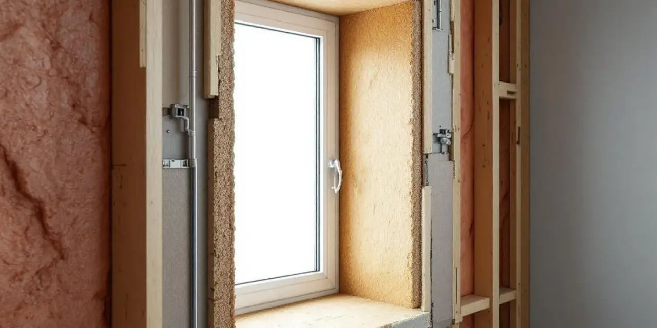 Vue rapprochée d'une fenêtre en cours d'installation, montrant l'isolation et la structure en bois. Idéal pour ceux qui veulent changer fenêtre soi même.