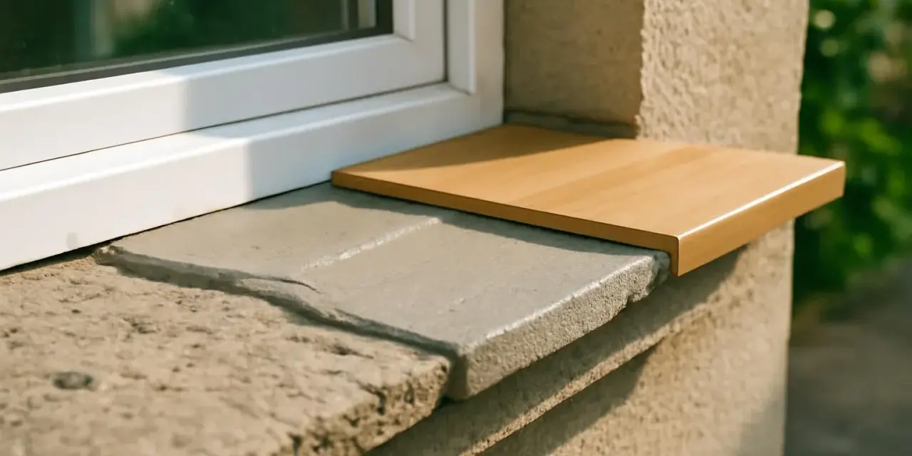 Un appui de fenêtre extérieur en pierre grise avec une nouvelle tablette en bois clair. Idéal pour nettoyer et embellir.