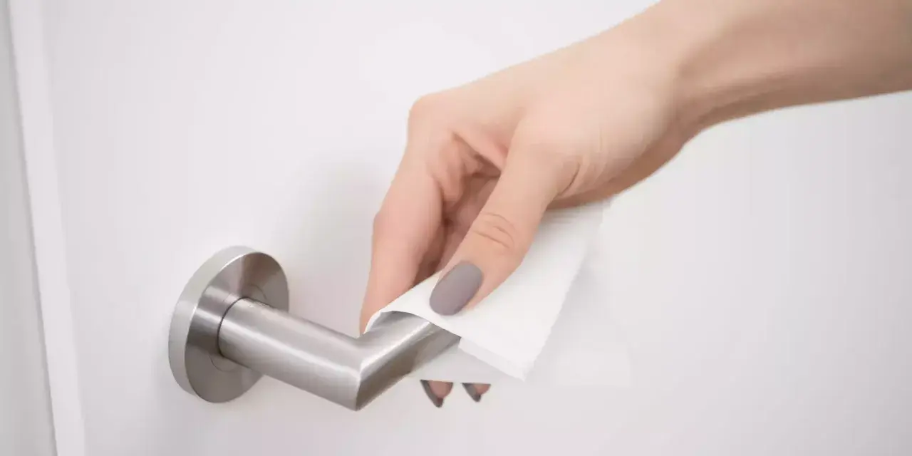 Main d'une femme nettoyant une poignée de porte en métal avec un chiffon. Apprenez comment nettoyer poignée métal vieilli pour lui redonner son éclat.
