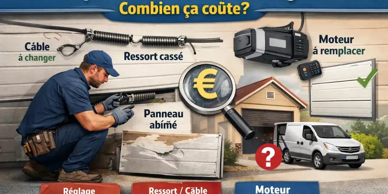 Réparation porte de garage : coût du remplacement moteur, ressort, câble ou panneau. Estimation des prix.