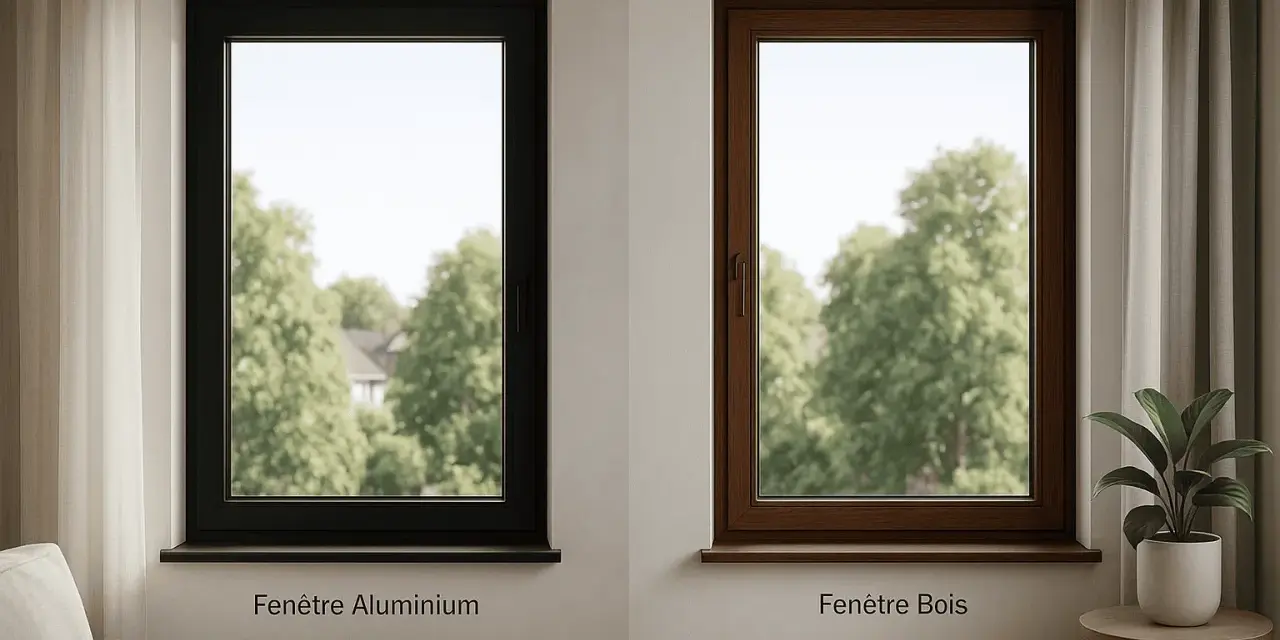 Fenêtre aluminium noir et fenêtre bois brun, deux options de menuiserie mixte pour un intérieur lumineux.