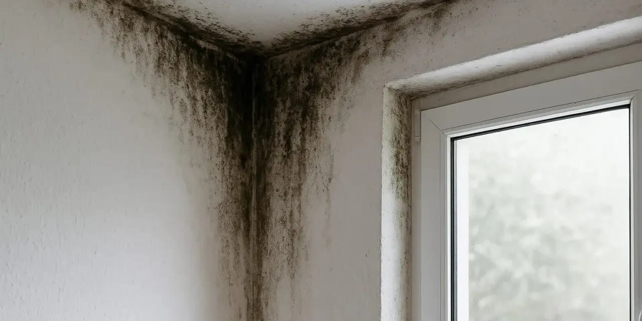 Moisissure noire envahissant le coin d'une pièce, signe d'un **rupture pont thermique** et d'une mauvaise isolation.