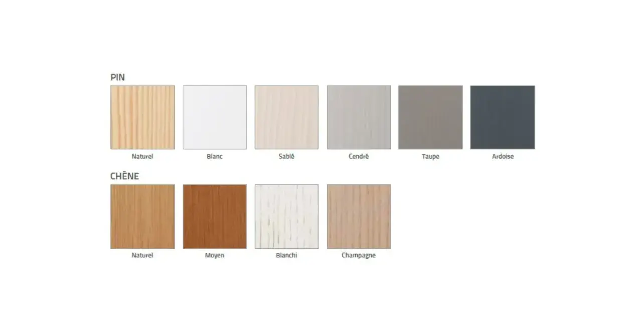 Échantillons de couleurs de bois : pin naturel, blanc, sablé, cendré, taupe, ardoise ; chêne naturel, moyen, blanchi, champagne. Le ral 9100 sablé est une teinte claire et douce.