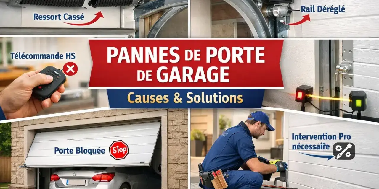Le moteur de ma porte de garage ne fonctionne plus : ressort cassé, télécommande HS, rail déréglé, porte bloquée. Intervention pro nécessaire.