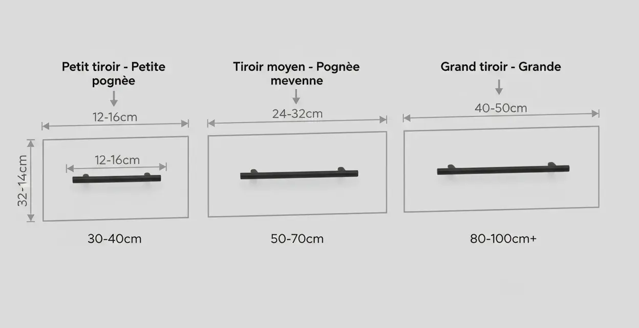 Guide pour choisir quelle poignée de porte : petite, moyenne ou grande, selon la taille du tiroir.