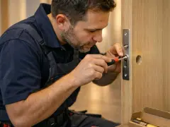 Un serrurier utilise un tournevis pour ajuster une serrure, une étape clé pour savoir comment mesurer un barillet de porte.