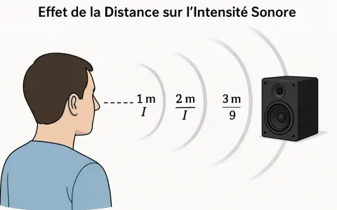 Illustration montrant l'effet de la distance sur l'intensité sonore. L'intensité diminue avec la distance, suivant une échelle des db.