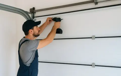 Un technicien effectue la fixation moteur porte de garage avec une perceuse.