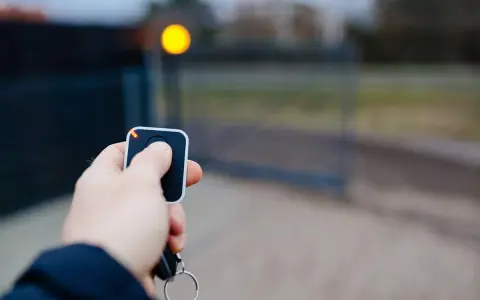Main tenant utilise une télécommande pour comment programmer une télécommande de portail. Le portail s'ouvre.
