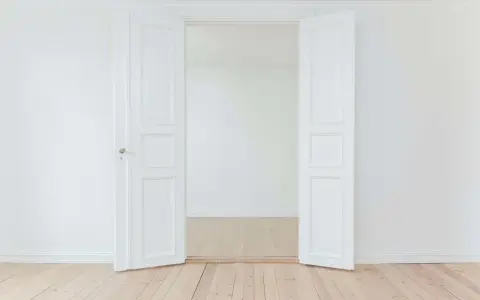 Porte intérieure blanche ouverte, tendance couleur gris clair, sur parquet clair. Un espace minimaliste et lumineux.