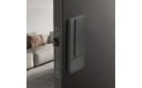 Poignée de porte grise sur fond sombre, avec une serrure silencieuse visible sur le côté.