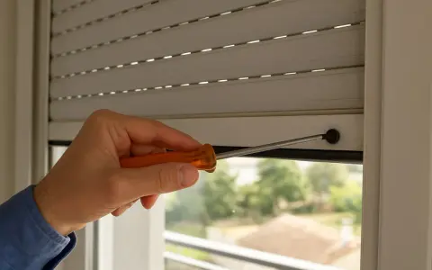 Main tenant, une personne utilise un tournevis pour réparer un volet roulant qui ne s'ouvre pas complètement.