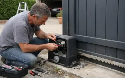 Un homme répare le moteur d'un portail électrique coulissant. Outils à proximité.