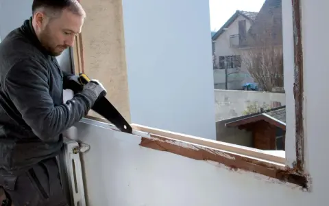 Un homme procède au démontage d'une fenêtre PVC avec une scie, révélant le cadre en bois sous-jacent.