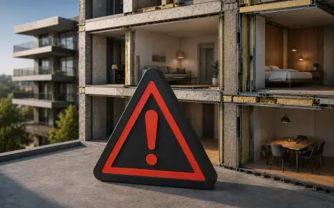 Panneau d'avertissement devant un bâtiment en coupe montrant l'isolation, soulignant l'importance de l'atténuation acoustique pour le confort.
