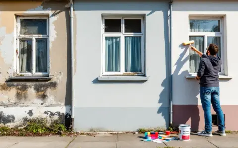 Un homme peint une fenêtre extérieure. Des pots de peinture et des nuanciers sont posés sur le trottoir, prêts pour la décoration de fenêtre extérieur.