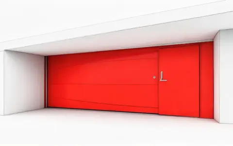 Une porte de garage rouge vif, au design moderne avec une porte latérale intégrée.