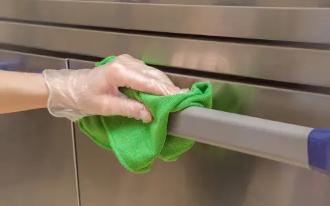 Main tenant nettoie avec un chiffon vert un acier inoxydable doré, gardant une hygiène impeccable.