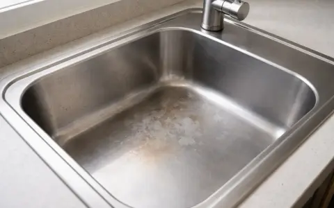 Évier en inox taché par acide, montrant des marques de corrosion sur le fond.