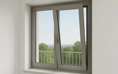 Fenêtre grise avec une ouverture par le haut, laissant entrer la lumière et offrant une vue sur des arbres verdoyants et un ciel bleu.