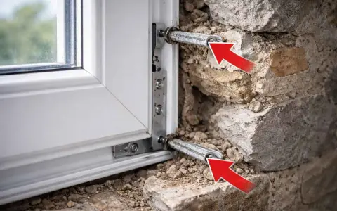Fixation d'une pose fenêtre bois dans un mur en pierre. Les flèches rouges indiquent les fixations métalliques.