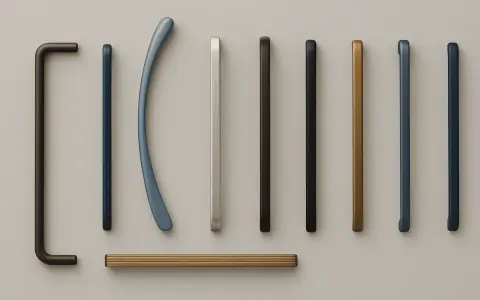 Poignées de meubles aux finitions variées, du bronze patiné au bleu moderne, sans signe de zamak corrosion.