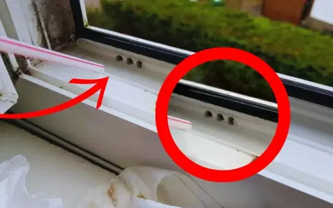 Petite paille rose pointant vers des trous d'évacuation d'eau sur une fenêtre en PVC. Ces trous sont essentiels pour le bon drainage.