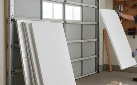 Une personne prépare des panneaux pour isoler une porte de garage. Des feuilles de polystyrène blanc sont empilées, une est tenue par des mains gantées.