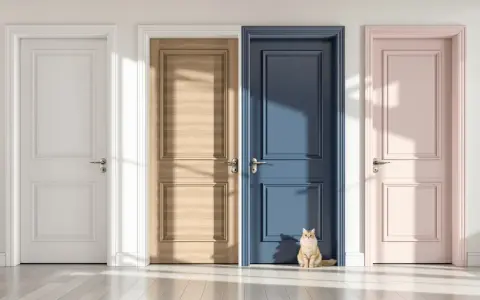 Un chat roux hésite devant quatre portes intérieures : blanche, bois clair, bleu marine et rose pâle. Quelle couleur choisir pour les portes intérieures ?