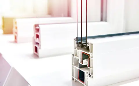 Profilé de fenêtre PVC blanc en coupe, montrant le double vitrage et les chambres d'isolation pour un excellent coefficient thermique double vitrage.