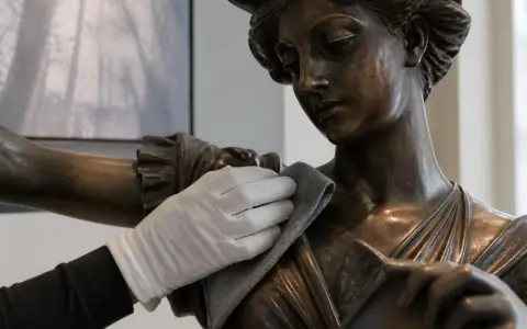 Gant blanc nettoyant délicatement une statue en bronze. Apprenez comment nettoyer bronze pour préserver sa beauté.