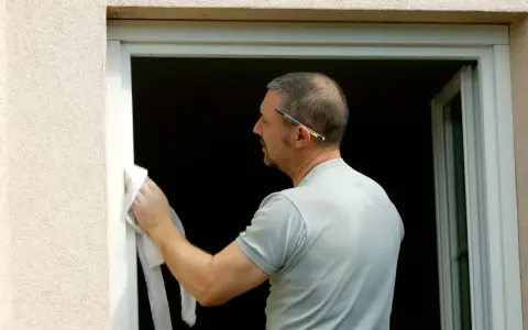 Pose d'une fenêtre en rénovation sur ancien dormant. L'ouvrier nettoie le cadre avec un chiffon.