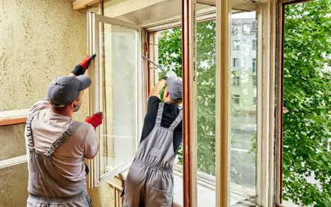 Deux ouvriers remplacent un vieux double vitrage des années 70. Ils travaillent sur un cadre en bois usé, avec vue sur des arbres verdoyants.