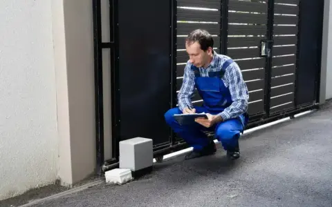 Un technicien vérifie le passage de gaine pour portail coulissant, prenant des notes sur son carnet.