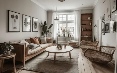 Salon cosy avec canapé beige, table basse ronde en bois clair, fauteuils en rotin et une grande fenêtre. La couleur fenêtre bois se marie aux éléments naturels.